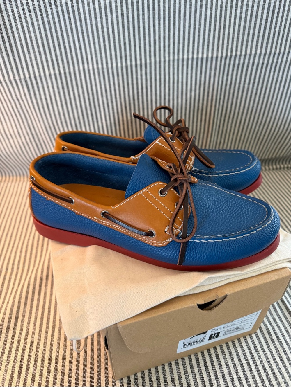 Dooney & Bourke Blue and Tan Leather Men's Boat Shoes with Red Sole